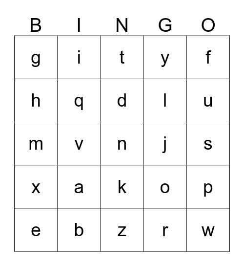 Lowercase Letters Bingo Card