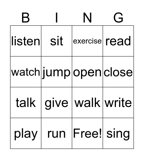 Verbs 1 Bingo Card