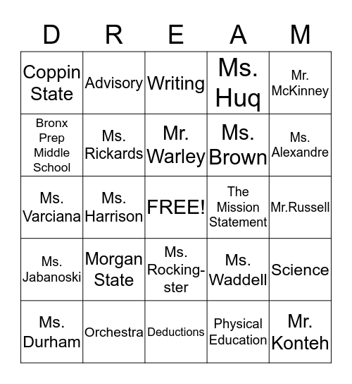 Bronx Prep DREAM Bingo Card