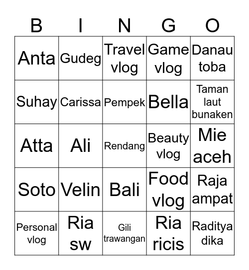 V E L I N Bingo Card