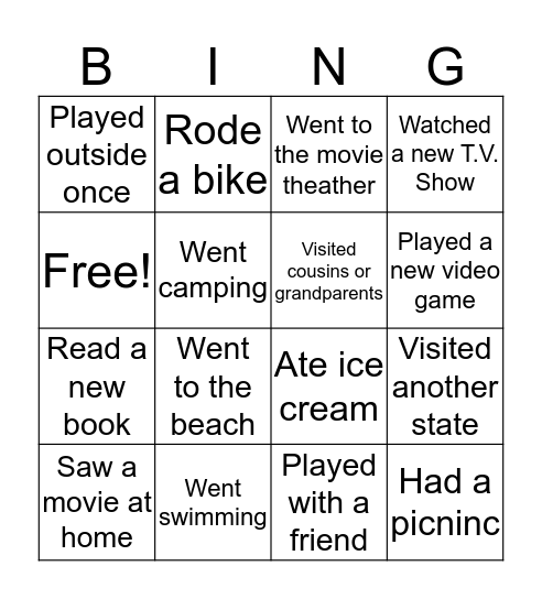 June Break Bingo Card