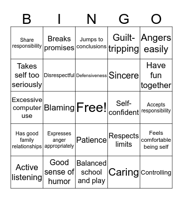 Healthy Relationships Bingo Card