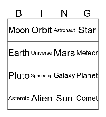 Outerspace Bingo Card