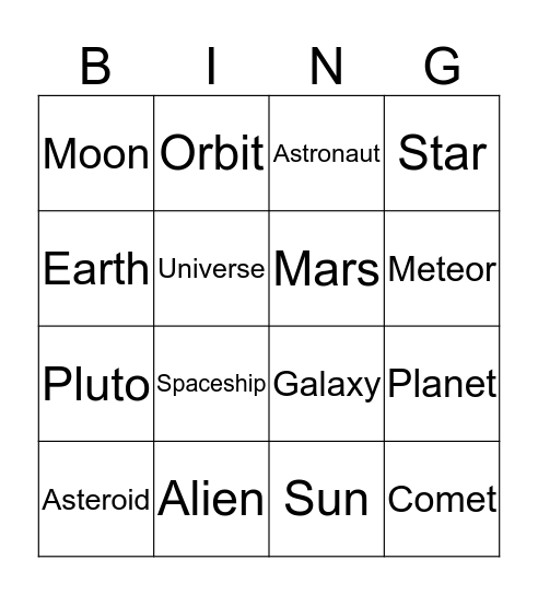 Outerspace Bingo Card