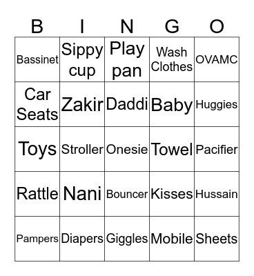 Seema"s Baby Shower  Bingo Card
