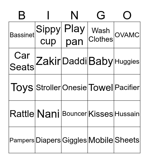 Seema"s Baby Shower  Bingo Card