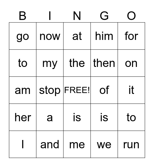 Sight Word BINGO Card