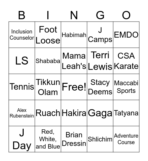 J Camps Bingo Card