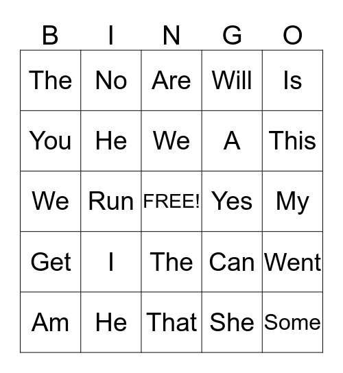 Sight words Bingo Card