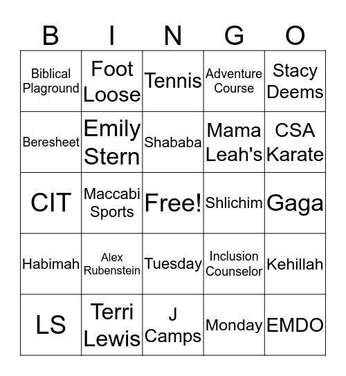 J Camps Bingo Card