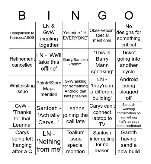 Stand Up Bingo Card