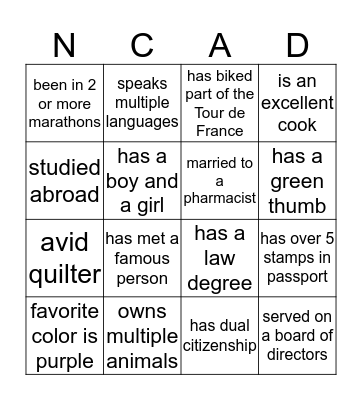 Get to know our NCADs Bingo Card