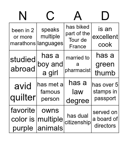 Get to know our NCADs Bingo Card
