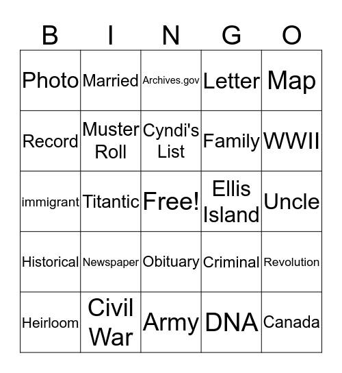 Geneaology Bingo Card