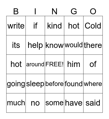 Dolch Sight Words #4 Bingo Card