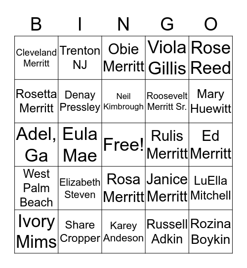 Merritt Family Bingo Card