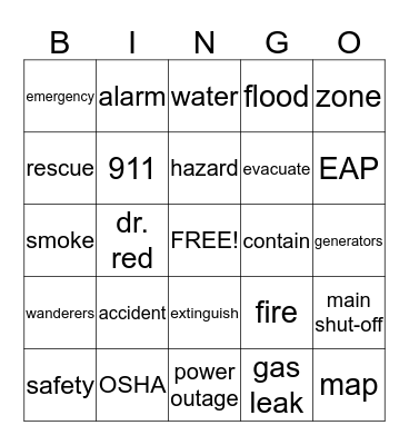 Regency Safty Bingo Card