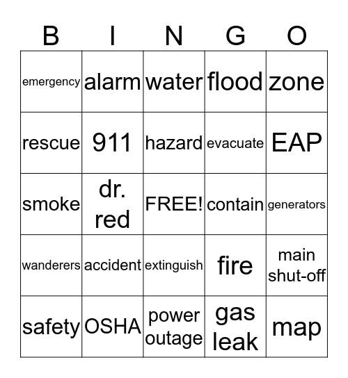 Regency Safty Bingo Card