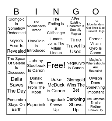 Ducktales Season 2 Finale Bingo Card