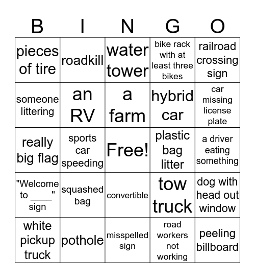 Road trip bingo Card