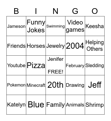 Jenifer's Tenth Birthday "About Jenifer" Bingo Card