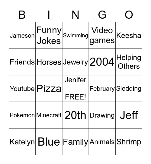 Jenifer's Tenth Birthday "About Jenifer" Bingo Card