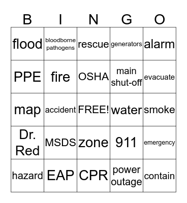 Regency Safty Bingo Card