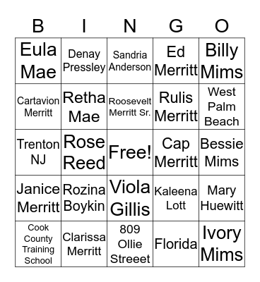 Merritt Family Bingo Card