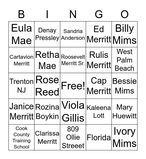 Merritt Family Bingo Card