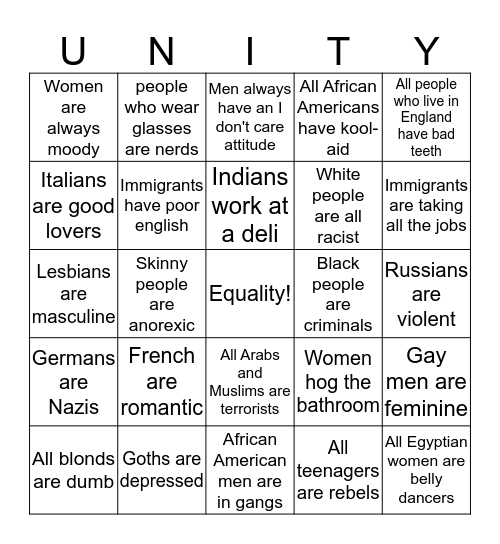 Cultural Stereotypes Bingo Card