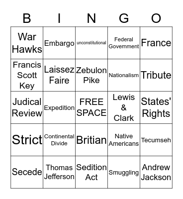 Unit 9 The Era of Thomas Jefferson  Bingo Card