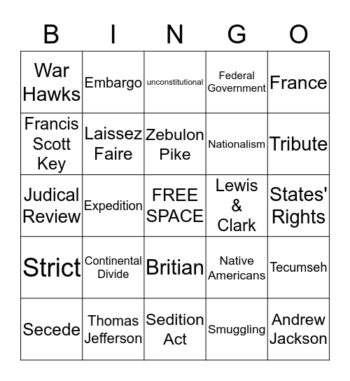Unit 9 The Era of Thomas Jefferson  Bingo Card