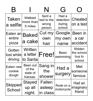 Never Have I Ever Bingo Card