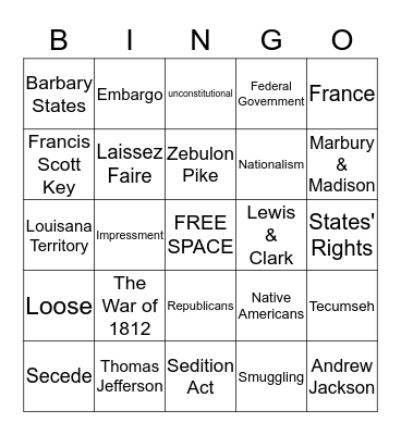 Unit 9 The Era of Thomas Jefferson  Bingo Card