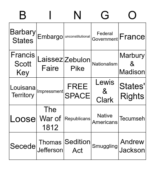 Unit 9 The Era of Thomas Jefferson  Bingo Card