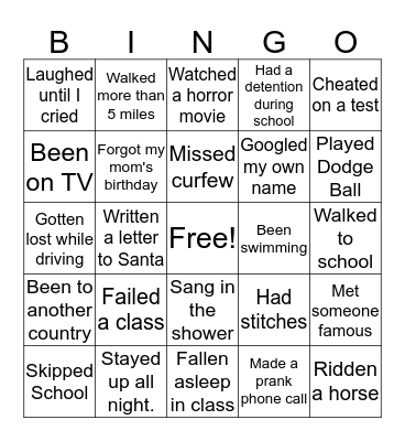Never Have I Ever Bingo Card