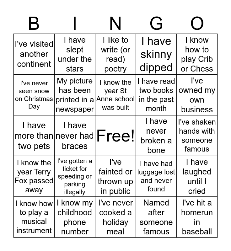 Life Experience Bingo Card