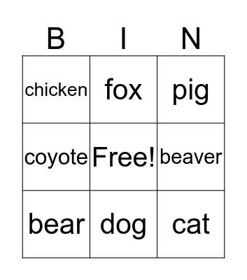 animal bingo Card
