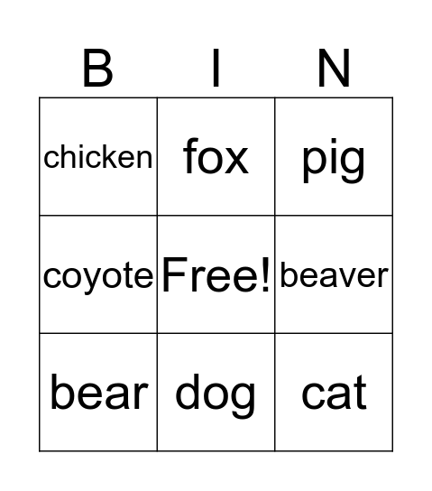 animal bingo Card