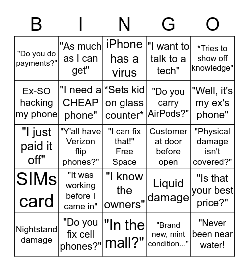 Cell phone shop bingo 1.4 Bingo Card