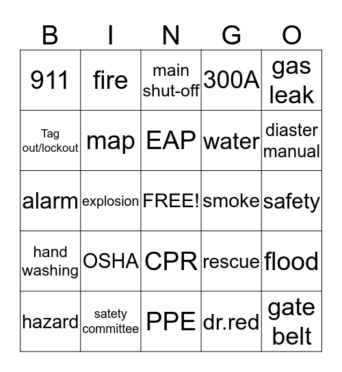 Regency Safety Bingo Card