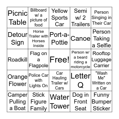 Car Scavenger Hunt Bingo Card