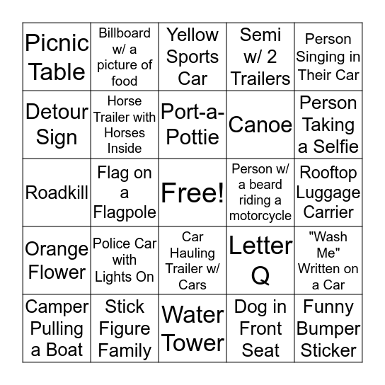 Car Scavenger Hunt Bingo Card