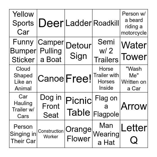 Car Scavenger Hunt Bingo Card