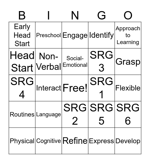 School Readiness Goals Bingo Card