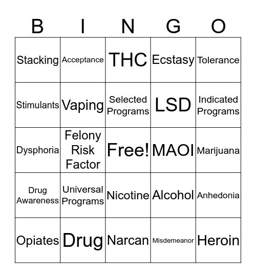 Vocabulary Drug Education Bingo  Bingo Card