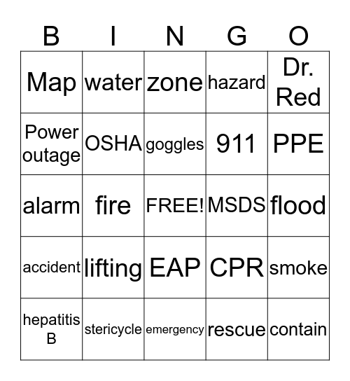 Regency Safety Bingo Card