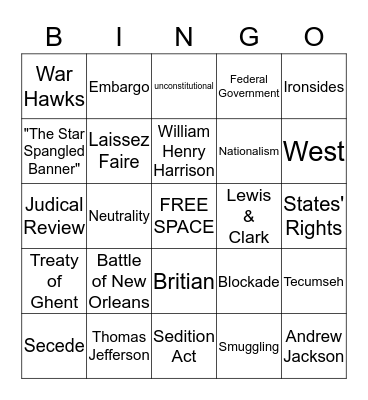 Unit 9 The Era of Thomas Jefferson  Bingo Card