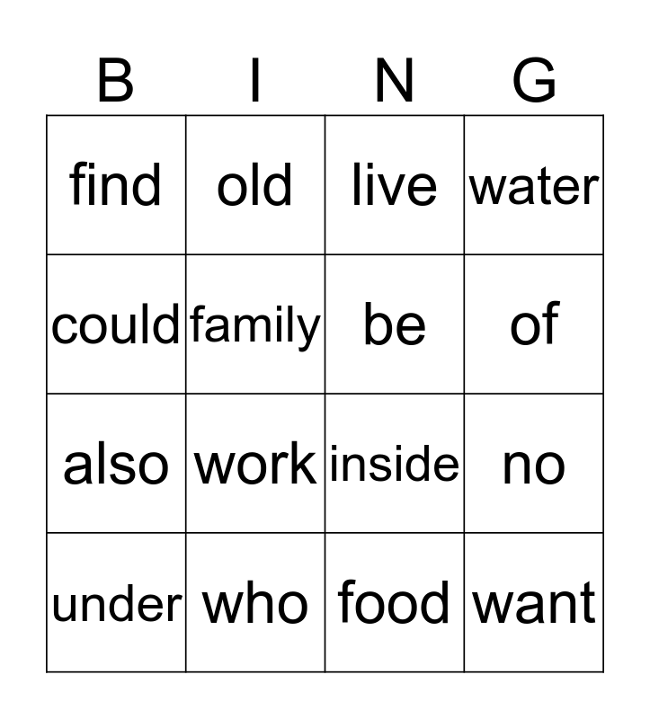 Sight words Unit 2 Bingo Card