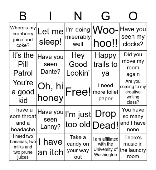 What Our Residents Say Bingo Card